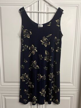 Jostar Sz XL Sleeveless Tank Style Dress Navy w/Gold Floral Pattern A-Line Skirt